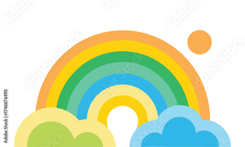 A vibrant and cheerful cartoon rainbow arches across a white background with fluffy clouds and a small sun adding a touch of warmth and joy