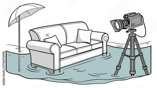 Surreal illustration of a camera setup with a sofa submerged in shallow water featuring an umbrella.