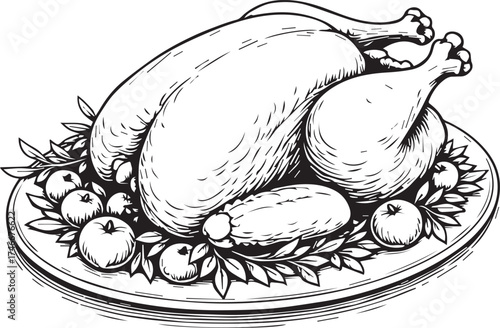 A delicious roasted chicken dish is prepared, adorned with fresh produce on a platter.