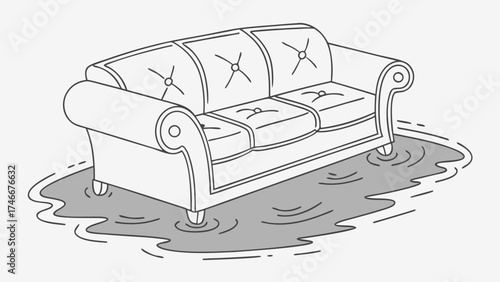Three-seater sofa submerged in water flooded room water damage home insurance disaster recovery illustration.