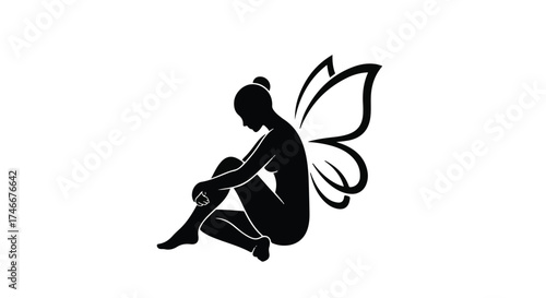 Mysterious silhouette of a winged figure in a pensive pose, symbolizing fantasy and dreams.
