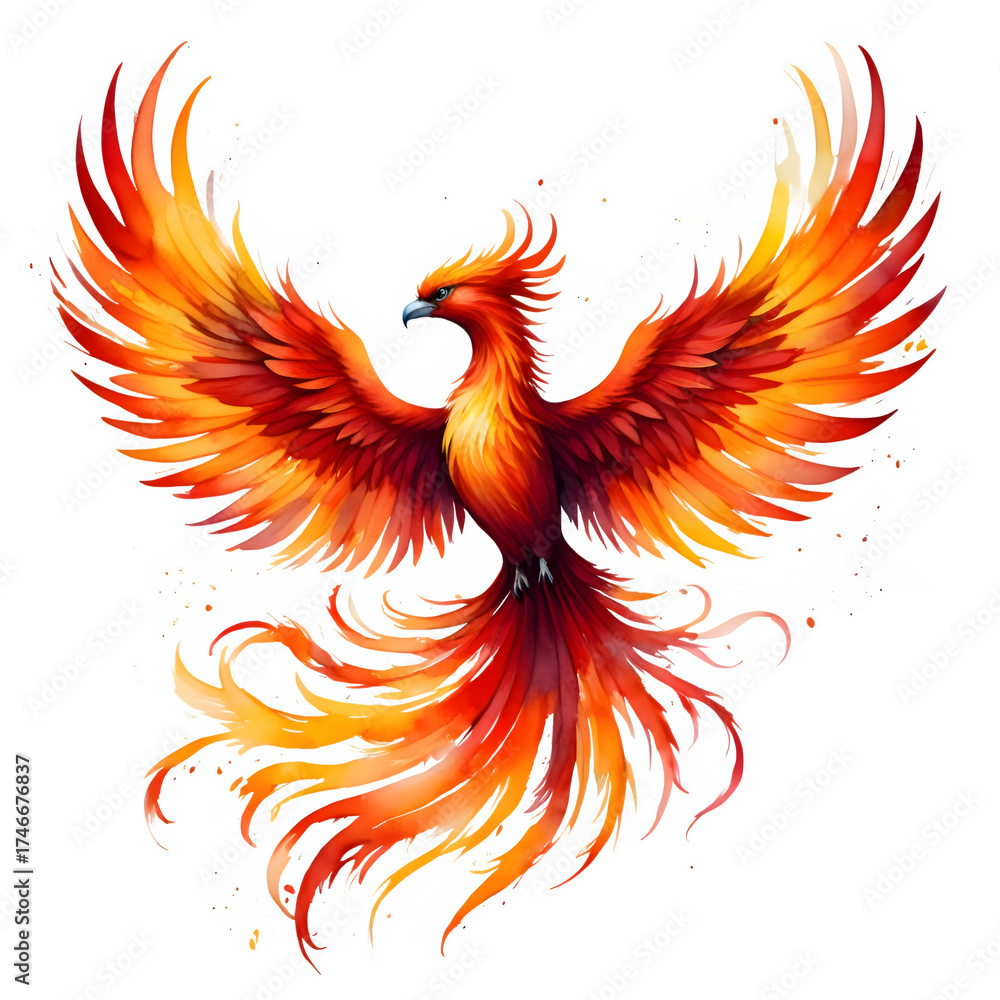Obraz premium Fiery phoenix bird rising with wings spread isolated on transparent background