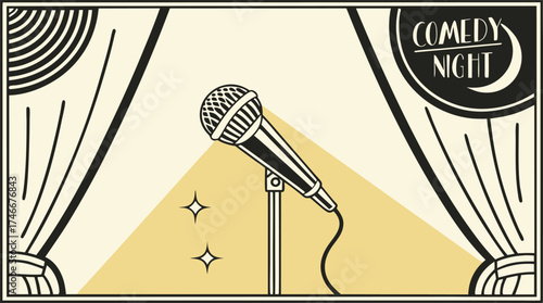 Comedy night invitation with vintage microphone spotlight and stage curtains, perfect for entertainment event promotion and stand-up show advertising