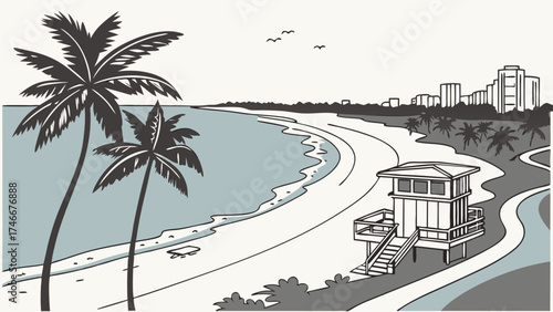 Tropical beach scene with lifeguard tower and palm trees.