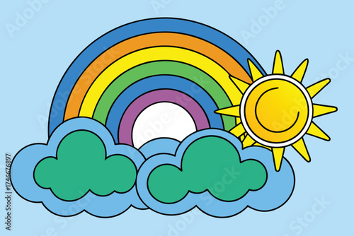 A vibrant cartoon illustration of a cheerful sun peeking out from behind fluffy green clouds with a bright rainbow arching across a clear blue sky