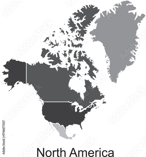 Flat Map of North America – Grey Color Palette, Vector, Editable, Isolated, Political and Geographic Map