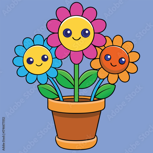 Three adorable cartoon flowers with happy smiling faces in a terracotta pot against a solid blue background perfect for children s illustrations and designs