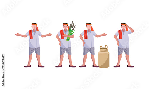 Four illustrations of a farmer in different poses, one holding wheat, another standing next to a container.