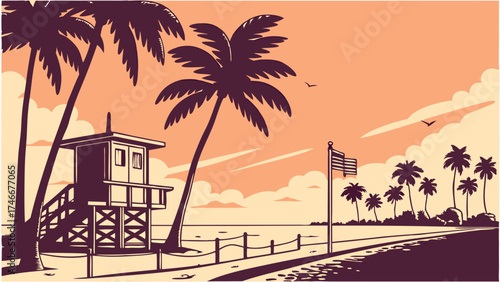 Tropical beach sunset with lifeguard tower and palm trees.