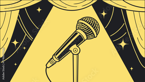 Shining spotlight on center stage microphone with dramatic curtains, a captivating invitation to entertainment and performance arts events