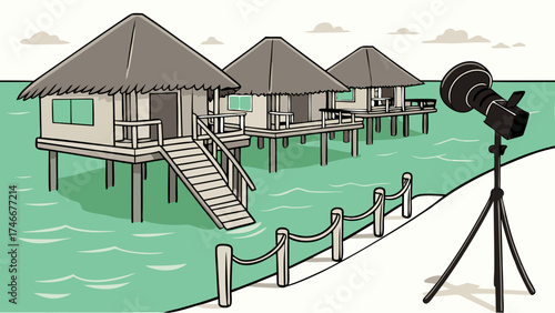 Tropical Overwater Bungalows Photography Setup Vacation Illustration.