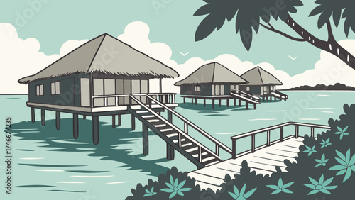 Tropical Overwater Bungalows Calm Ocean Vacation Getaway Relaxing Island Scene.