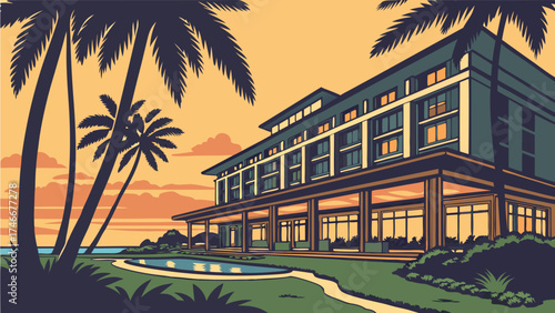 Tropical Resort at Sunset Palm Trees Ocean View Luxury Hotel Illustration.