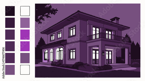 Two-Story House Exterior Nighttime Purple Tones Architectural Design Home Illustration Real Estate.