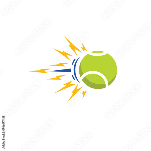 A vibrant green tennis ball streaks swiftly across the frame, surrounded by dynamic blue trails and electrifying yellow lightning, symbolizing powerful athletic speed.