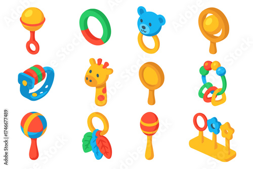 Colorful Infant Rattles. Isometric vector illustration set Infant Rattles: classic rattle, ring rattle, animal rattle, wrist