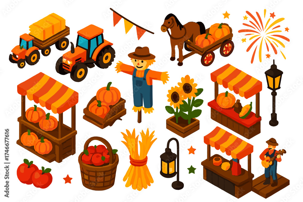 Fototapeta premium Harvest Festival Fun. Isometric vector illustration set Harvest Festival: tractor parade, hay wagon, pumpkin stand, scarecrow,