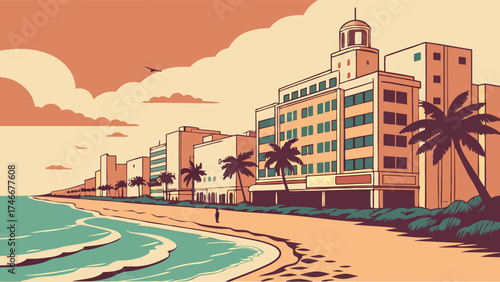 Vintage Coastal Cityscape Oceanfront Buildings Palm Trees Beach Scene Retro Style Illustration.