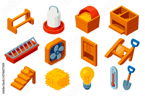 Chicken Coop Essentials. Isometric vector illustration set Chicken Coop Accessories: perch ladder, water container, grain bin,