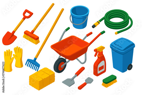 Chicken Coop Cleaning Tools. Isometric vector illustration set Chicken Coop Cleaning: shovel, broom, bucket, water hose,