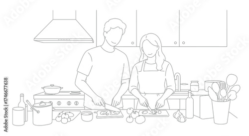 Couple cooking together in a kitchen a simple line art illustration