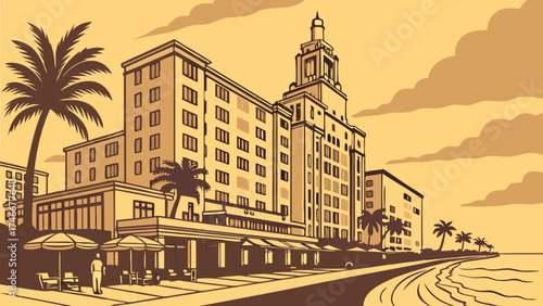 Vintage Coastal Cityscape Illustration Retro Style Hotel Oceanfront Cafe Palm Trees Seaside Promenade Summer Vacation Tropical Design Travel Poster Beach Scene Architecture Building Fac.