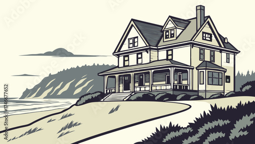 Vintage Coastal House Illustration Ocean View Home Seaside Property Beachfront Architecture Two-Story House Drawing Cliffside House Design Retro Home Image Illustration of a House by the S.