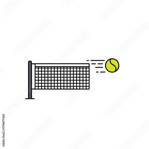 A dynamic vector illustration captures a tennis ball in swift motion, flying past a classic net, representing the fast-paced energy of racket sports.