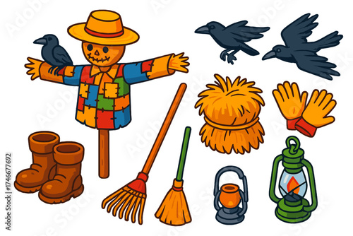 Colorful Farm Scarecrow Icons. Isometric vector illustration set Farm Scarecrow: classic scarecrow, straw hat, patchwork shirt,