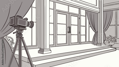 Vintage Film Camera on Tripod in Grand Entrance Illustration Movie Production Classical Interior Design Elegant Setting.