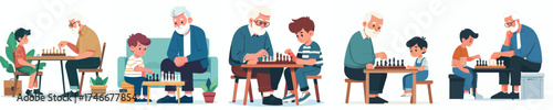 vector of a grandfather playing chess with his grandson