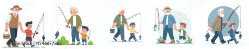 vector of a grandfather inviting his grandson fishing