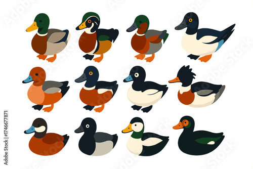 Colorful Duck Species Icons. Isometric vector illustration set Duck Species: mallard, wood duck, teal, pintail, wigeon, shoveler,