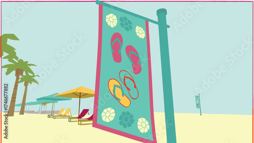 Vibrant beach scene with flip-flops banner evokes summer fun and relaxation, perfect for travel ads, vacation promotions, and sunny lifestyle content