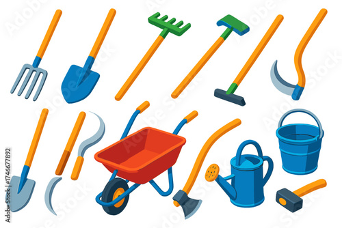 Colorful Farm Tools. Isometric vector illustration set Farm Tools: pitchfork, shovel, rake, hoe, spade, sickle, scythe,
