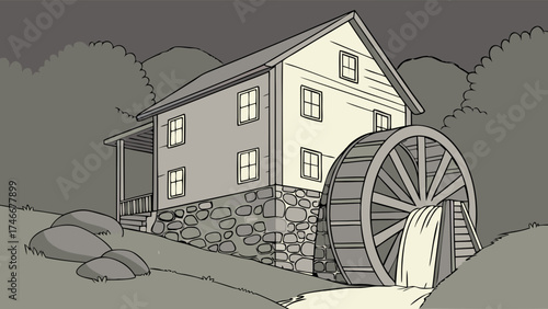 Vintage Watermill Illustration Rustic Countryside Scene Old Mill Building Wooden Water Wheel Gristmill Rural Landscape Cartoon Style Black and White Illustration Monochrome Drawing Archi.
