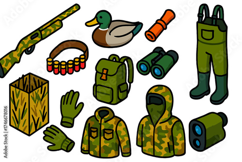 Waterfowl Hunting Gear. Isometric vector illustration set Waterfowl Hunting Gear: camouflage shotgun, duck decoy, duck call,