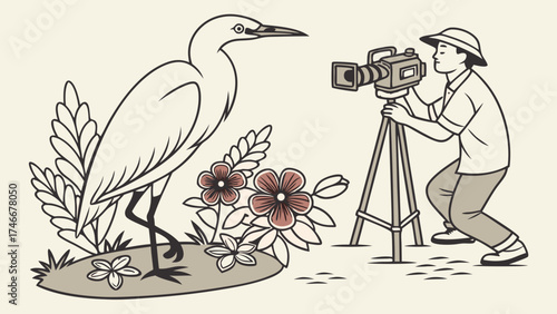Wildlife Photographer Filming Bird in Floral Setting Nature Documentary Birdwatching Conservation Animal Photography Vector Illustration.