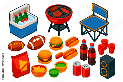 Tailgate Party Essentials. Isometric vector illustration set Tailgate Party Items: cooler with ice, grill, folding chair, football