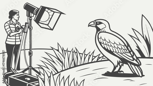 Wildlife Photography Studio Setup Bird and Lighting Equipment Illustration Nature Scene Graphic Design.