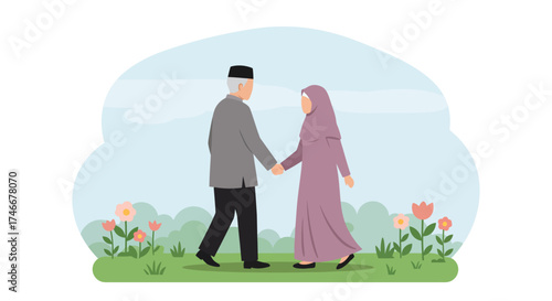 An elderly muslim couple enjoying a peaceful walk in springtime together