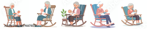 vector of a grandmother sitting in a rocking chair holding her baby grandson