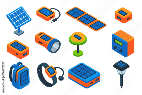 Solar Devices Collection. Isometric vector illustration set Solar Power Devices: solar panel, portable solar charger, foldable