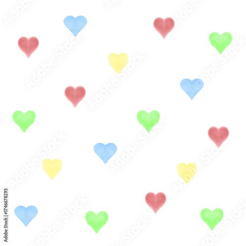 Seamless pattern with colorful hearts in soft watercolor style on transparent background. Perfect for Valentine’s Day, love designs, wrapping paper, kids fabric, and digital projects.