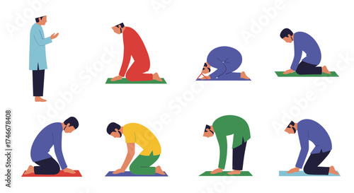 Muslim men performing various prayer positions on individual prayer mats