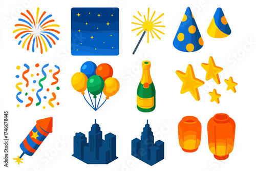 Isometric Party Festivities. Isometric vector illustration set Celebration Party Set: fireworks, sparkler, night sky, party hat,