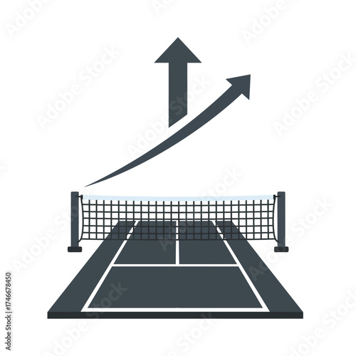 A graphic illustration of a tennis court and net, with upward arrows symbolizing progress, growth, and strategic achievement in sports or business.