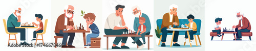 vector of a grandfather playing chess with his grandson