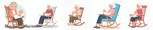 vector of a grandmother sitting in a rocking chair holding her baby grandson