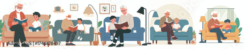 vector of a grandfather reading a story book to his grandson